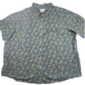 True Nation Mens 3X Floral Button Down Shirt Short Sleeve Blue Green 100% Cotton